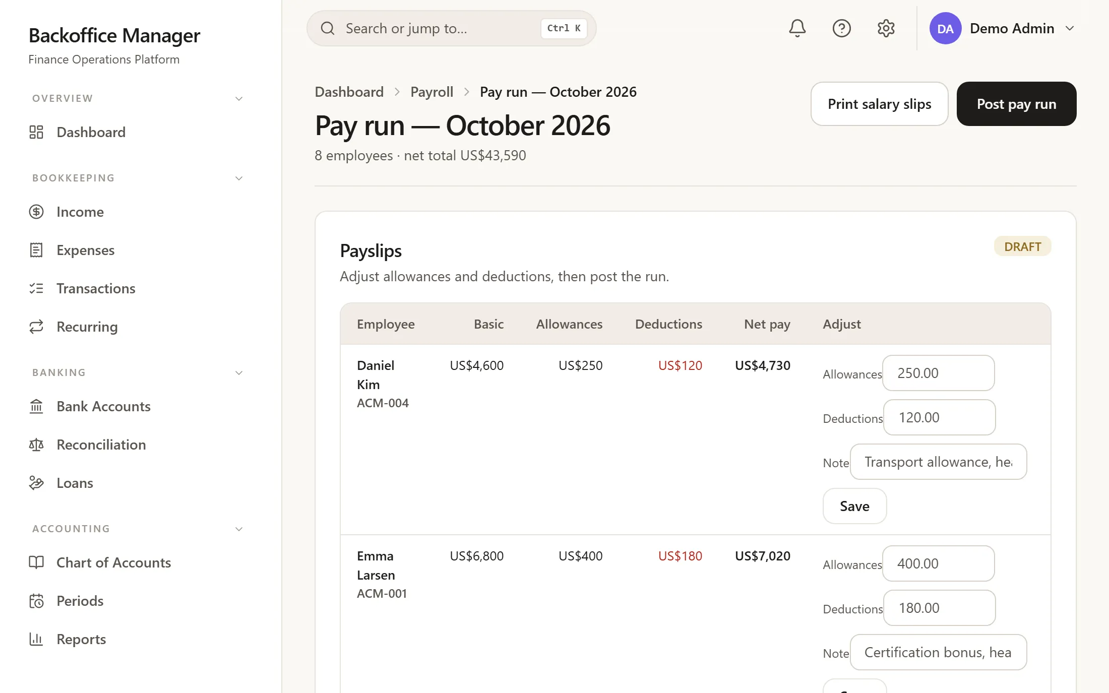 Backoffice Manager: A pay run: allowances and deductions per employee before it is posted