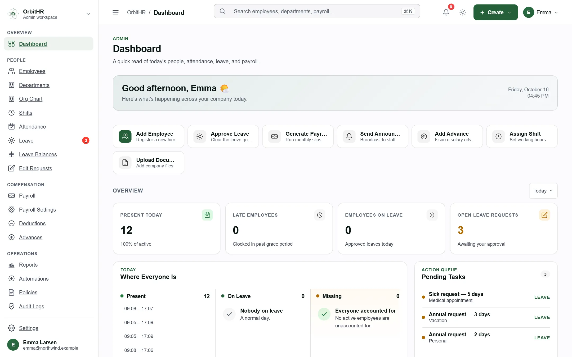 OrbitHR: The admin dashboard: who is in today, open leave requests and the tasks waiting