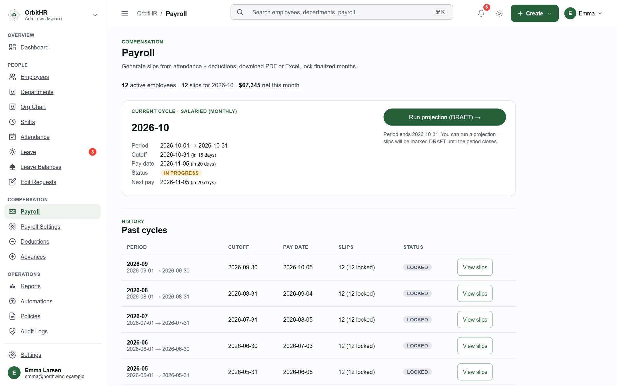 OrbitHR: Payroll: the month in progress and the locked months before it