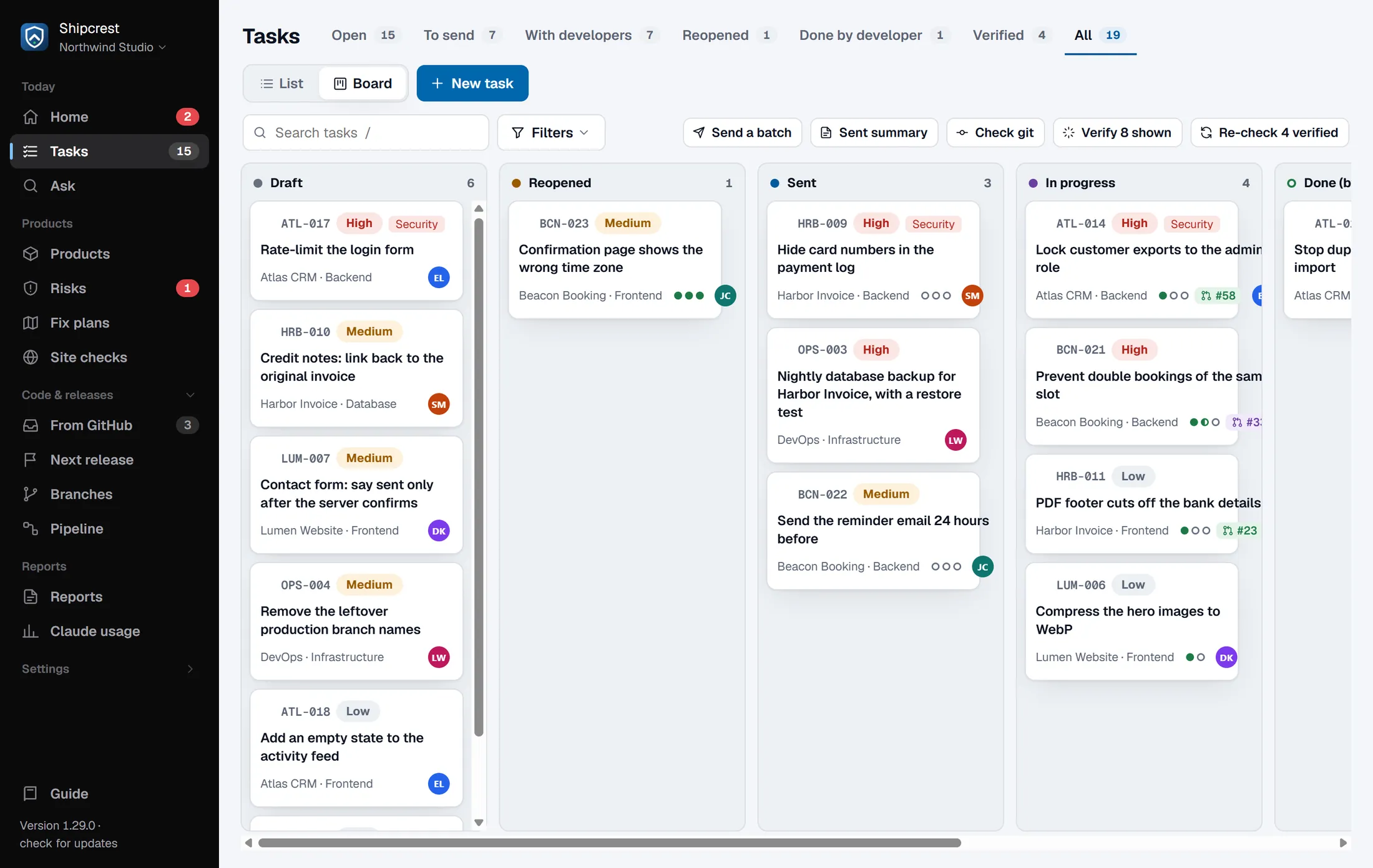 Shipcrest: The task board, from draft to verified, with risk and security labels